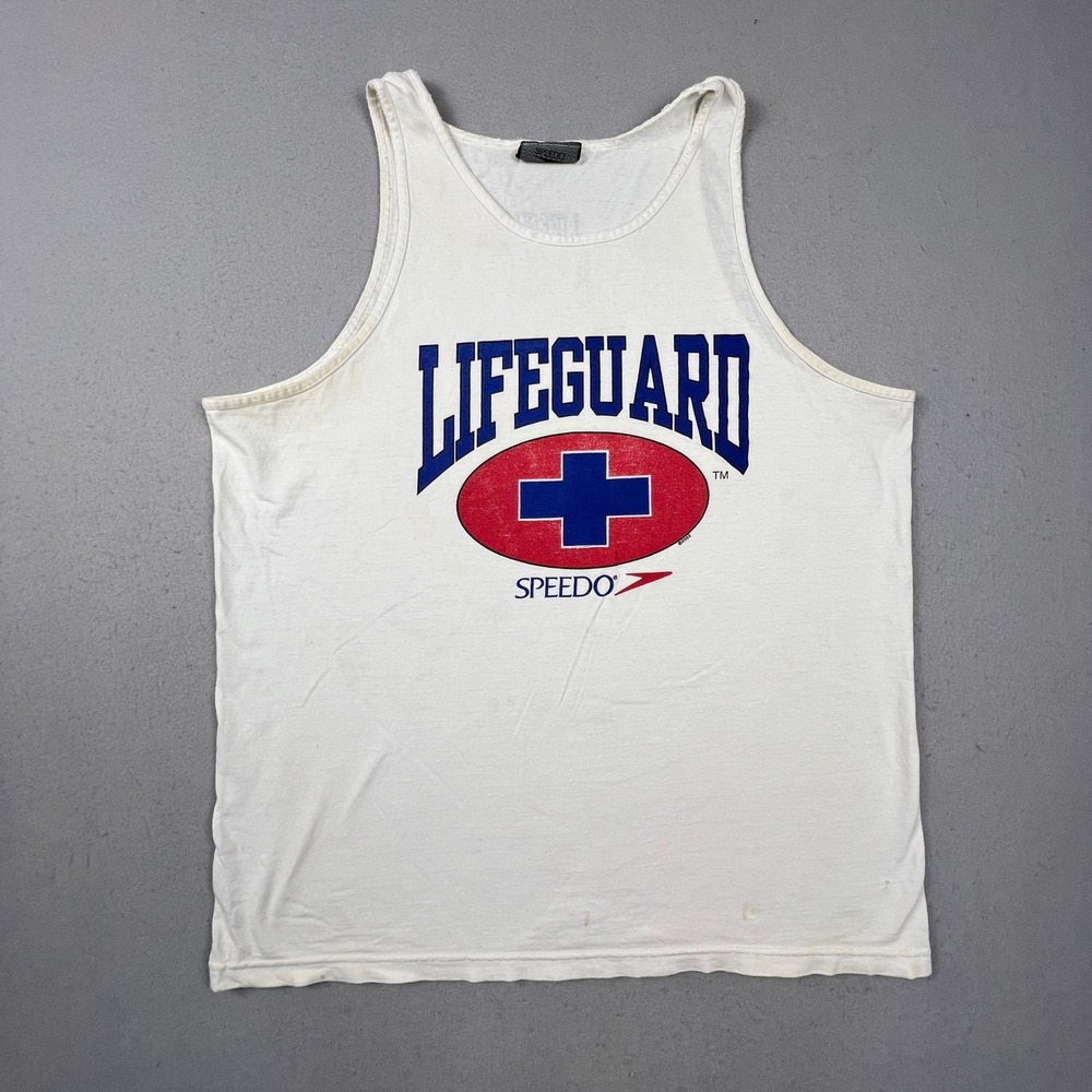 Speedo Lifeguard Tank Top Mens XL White 2002 Vintage Distressed Y2K Surf Graphic